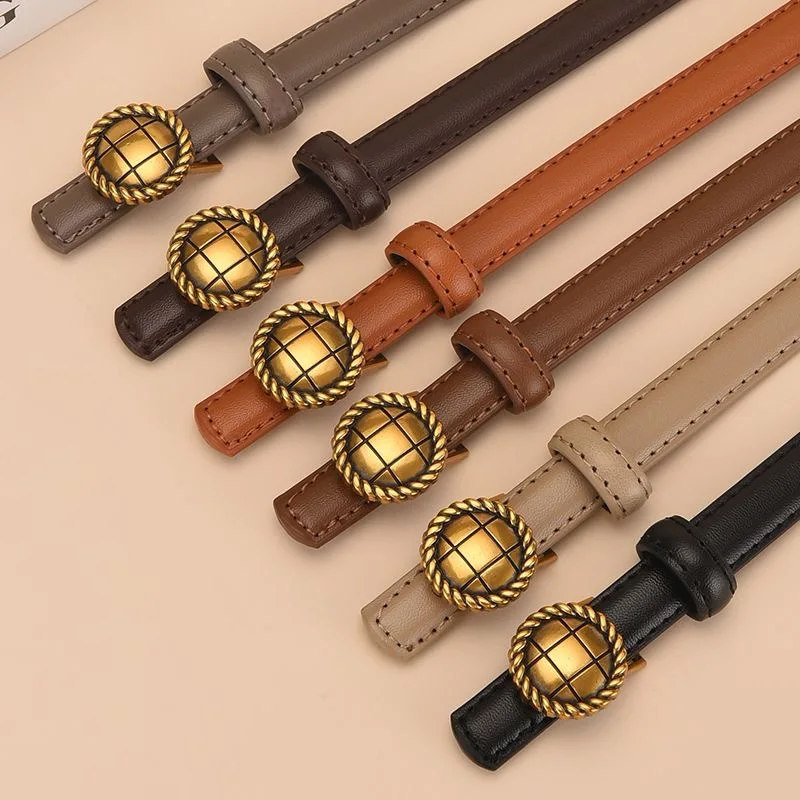 New Women's Belt with Cowhide Small Round Buckle Korean Version Versatile Decoration High-end Feel Personalized Thin Belt