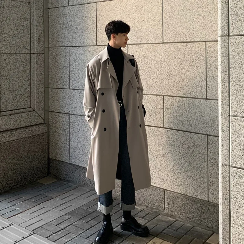 

Prowow Men's double breasted trench coat Spring and Autumn Korean version Loose trend over knee coat Medium length coat for men