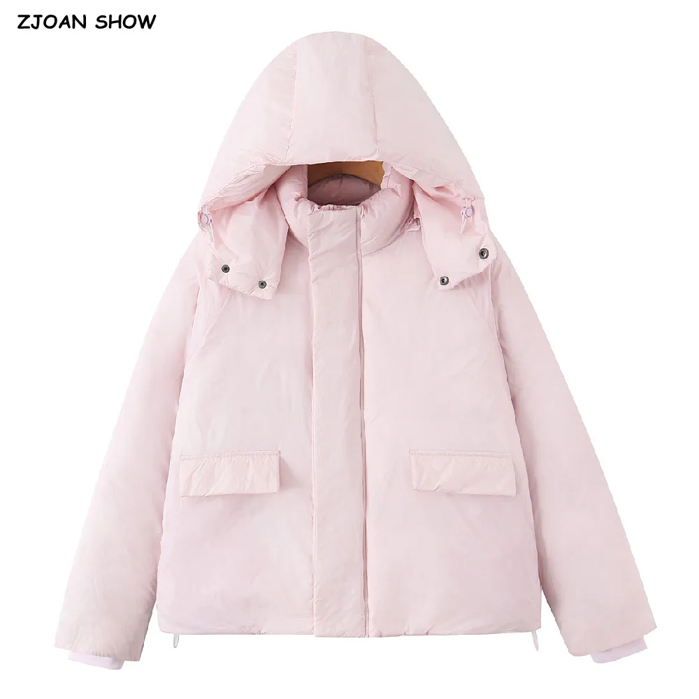 3 colors Winter Fashion Women Bright Pink Zipper up Bread Parka Coat Woman Stand Collar Removable Hooded Long Sleeve Outerwear