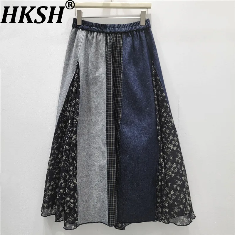 

HKSH Autumn Winter New Woman Skirt Floral Plaid Patchwork Denim Elastic Waisted Slimming A-line Pleated Retro Y2K Skirts HK14638