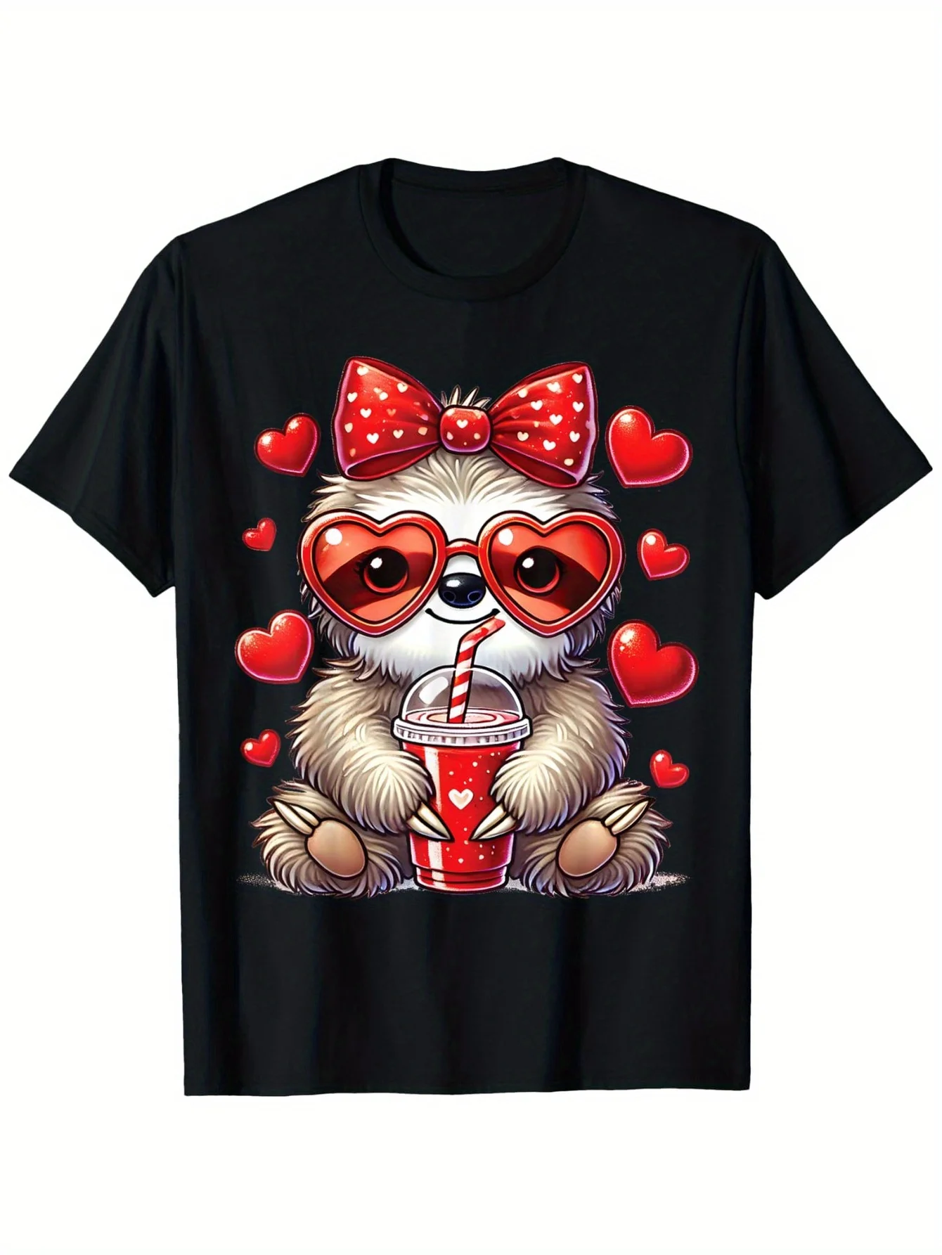 

Милый ленивец с сердечками, очками и бантом, футболка с рисунком для напитков на день Святого Валентина, мягкая хлопковая футболка, повседневный наряд, подарок