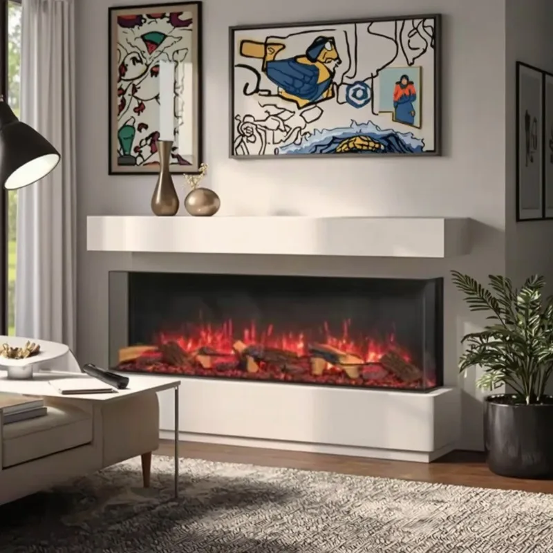 Modern French Decor Metal Electric Fireplace 40 60 70 Inch Built-In Remote Controlled 3 Sided Real Log Flame Effect
