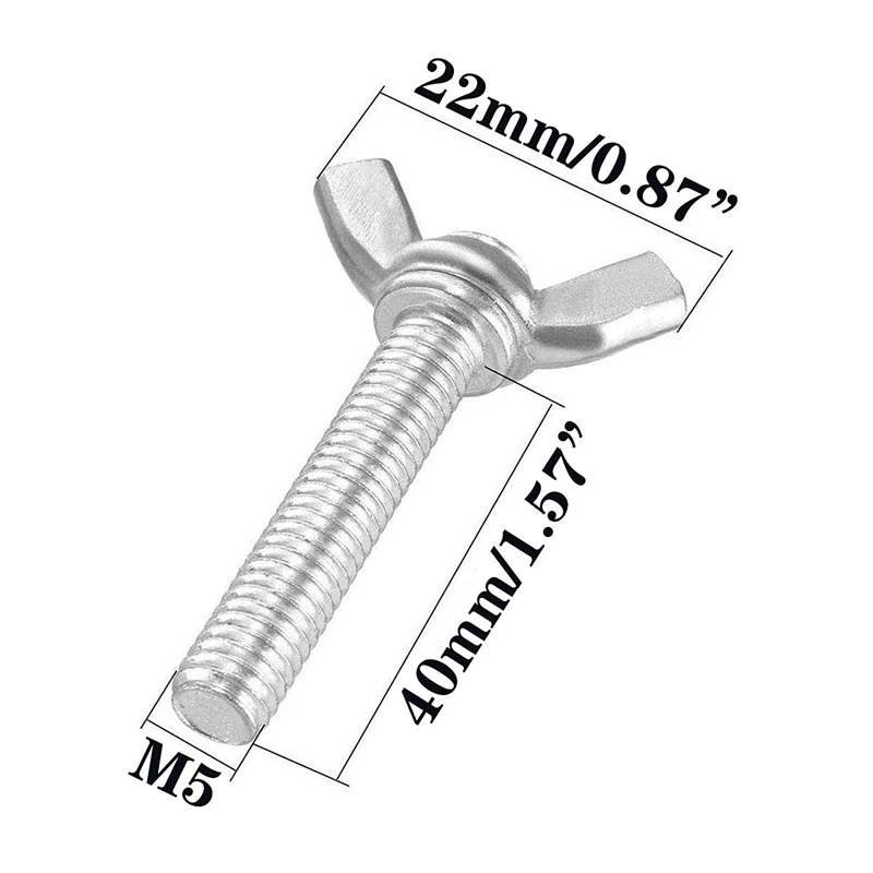 5 Pcs M5 Butterfly Wing Hand Screws Bolts 304 Stainless Steel Fastener Assortment Set, Full Thread (M5x40mm) Retail