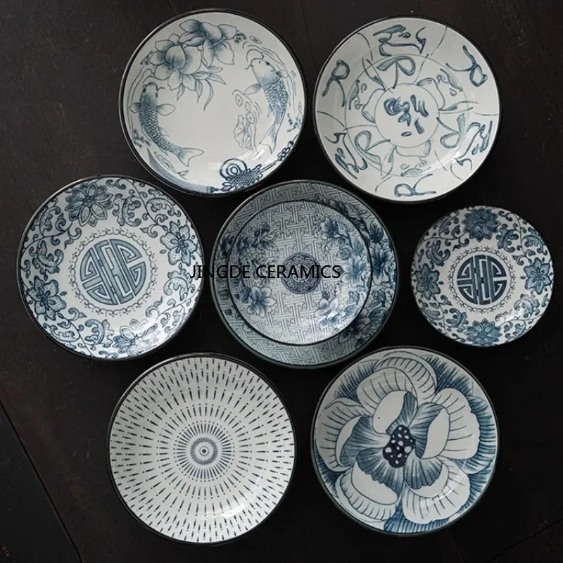 Chinese style Ceramic high foot plate Round stove tea tray Nut dish Underglaze colored afternoon tea pastry tray Dessert plate
