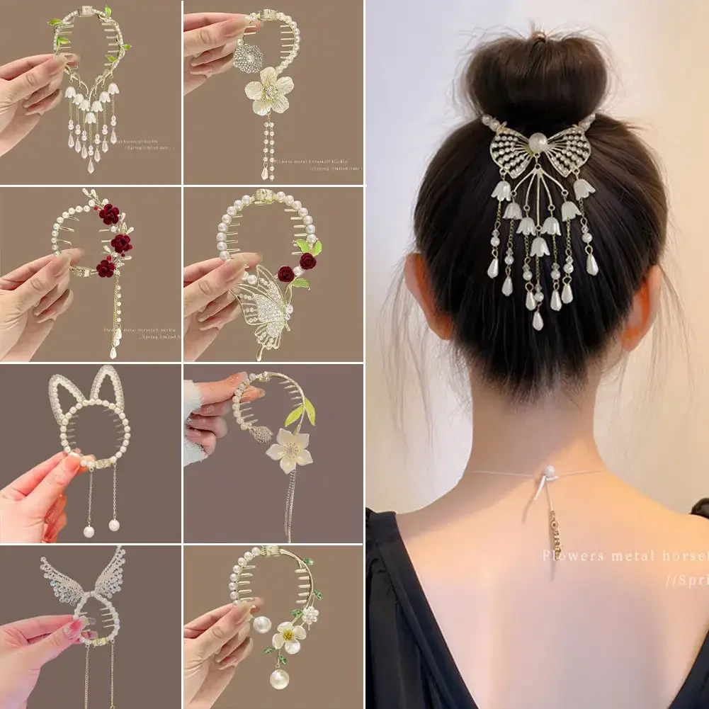 Flower Tassel Hair Clip Women Ladies Butterfly Rhinestone Pearl Metal Hair Claw Round Bun Ponytail Holder Hair Accessories