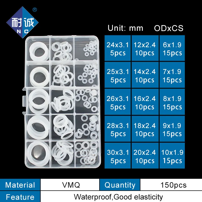 White Silicone Ring Thickness 1/1.5/1.9/2.4/3.1mm ORing Seal Silicon Sealing O-rings VMQ Washer oring Assortment Kit Set Oring