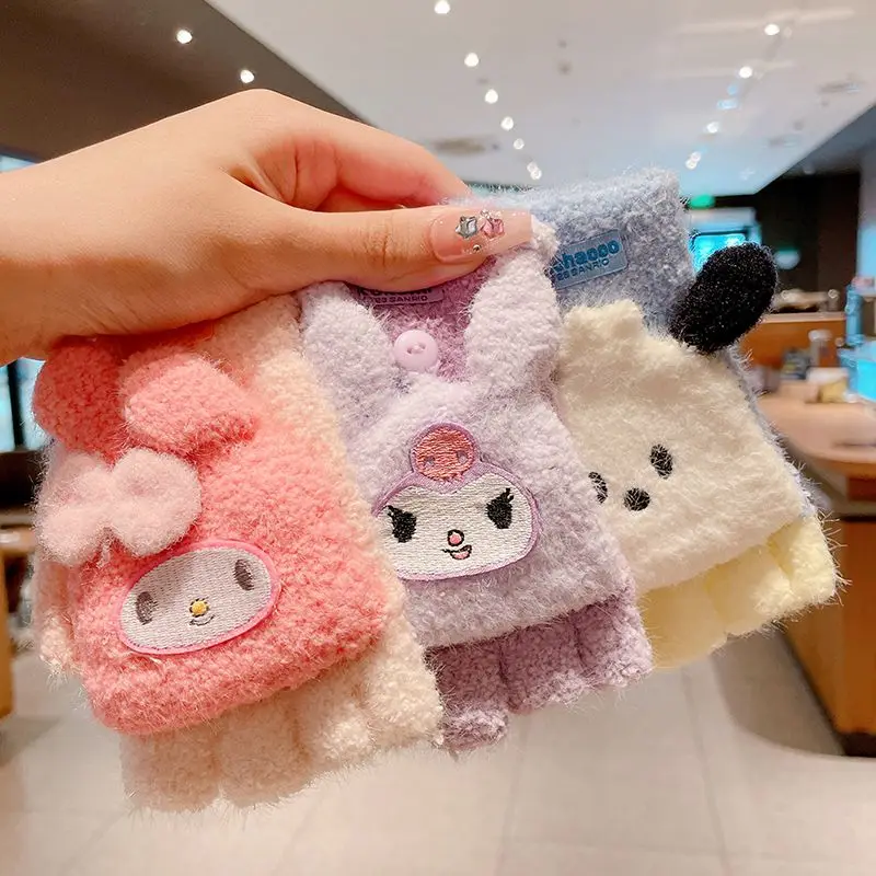 Guanti Kawaii Sanrioed Anime My Melody Kuromi Pochacco Guanti di peluche per bambini Guanti lavorati a maglia senza dita Autunno Inverno Regalo caldo