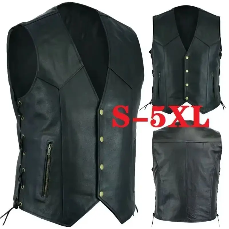 Men Faux Leather Punk Vest, Single‑Breasted Sleeveless Waistcoat With Side Lace‑Up, Motorcycle Biker Casual Cosplay Vest