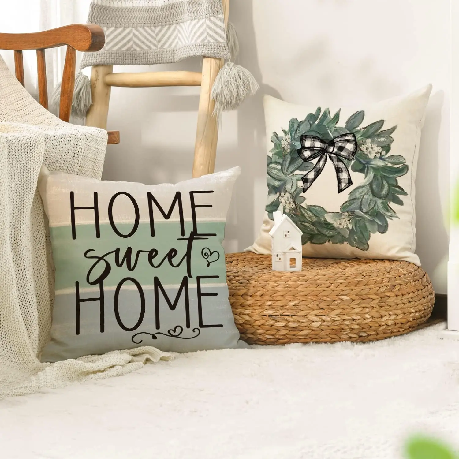 Spring Sweet Home Wreath Throw Pillow Covers, Bless Our Home Buffalo Plaid Cushion Case for Sofa Couch Set of 4