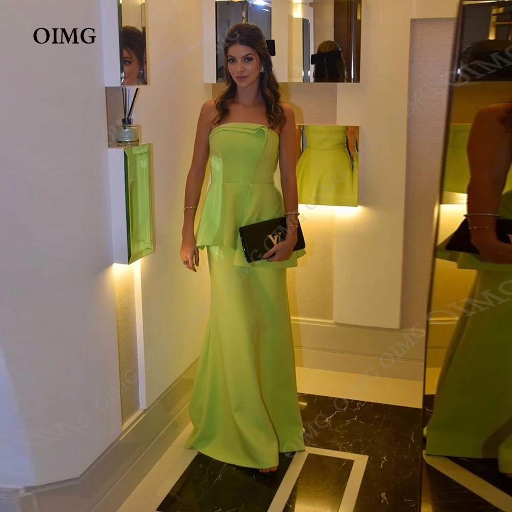 

OIMG Shiny Green Evening Dress for Wedding Party Chiffon Strapless Tiered Pleats Elegant Beach Sleeveless Prom Gowns