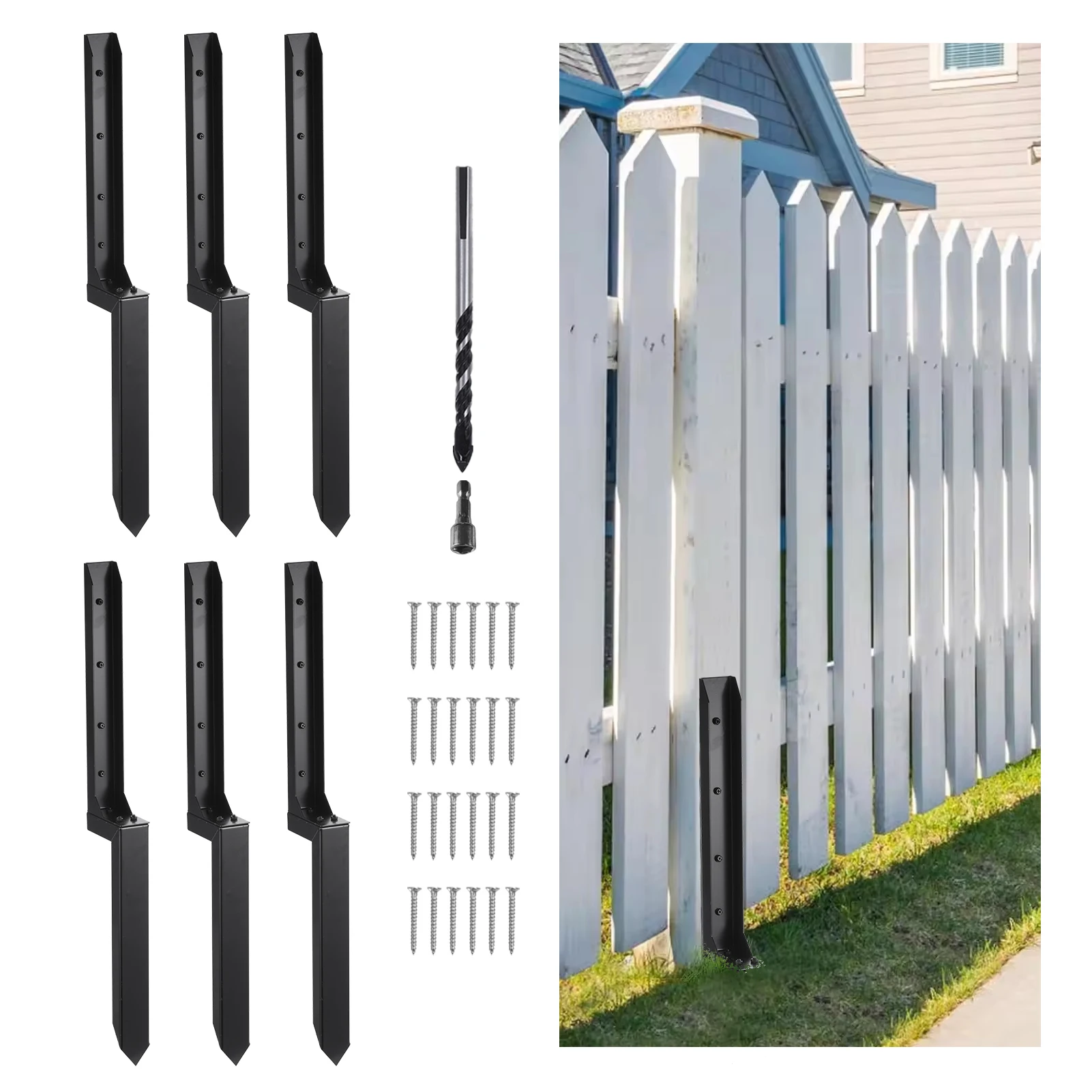 Fence Post Repair Kit 6 Pack Heavy Duty Steel Ground Stakes 32 Inch Fence Post Anchor Stabilizer for Fixing Tilted Broken Wood Posts, No Dig Metal Fence Post Support Stakes for Outdoor Garden Yard Farm Fencing Repair