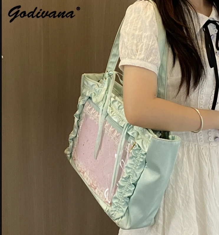 8 Colors Satin Bar Bag Japanese Style Lace Satin Large-capacity Square Shoulder Bags Students Female Casual Handbag with Ribbons