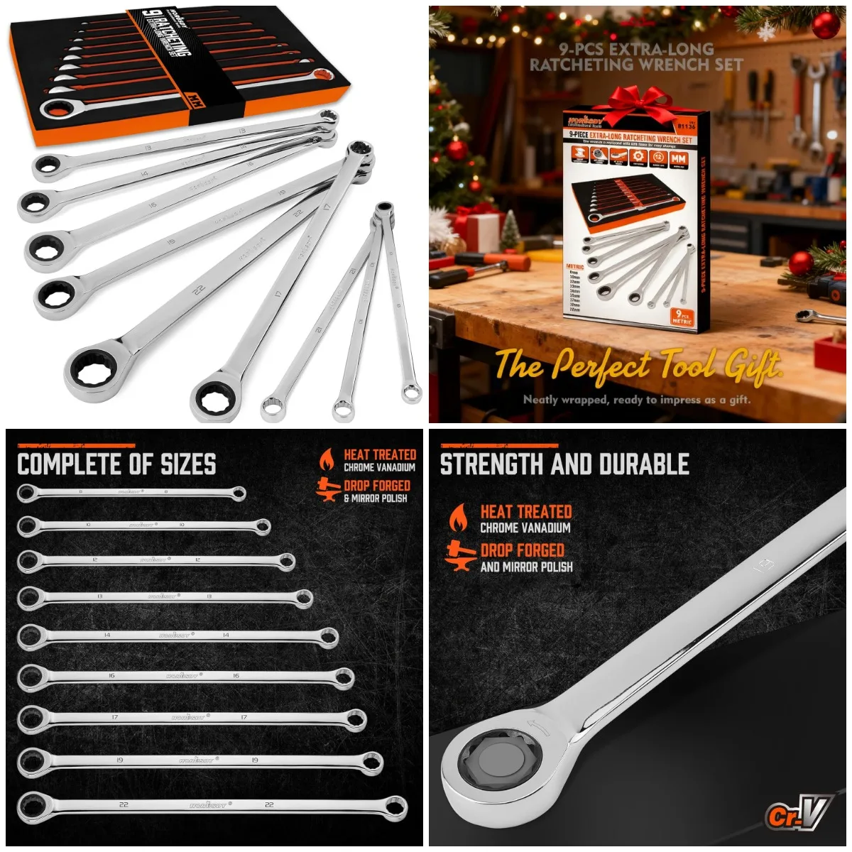 

Extra Long Ratcheting Wrench Set, 8-22MM Double Box End, 9-Piece Metric CR-V Steel, with EVA Foam Tool Organizer