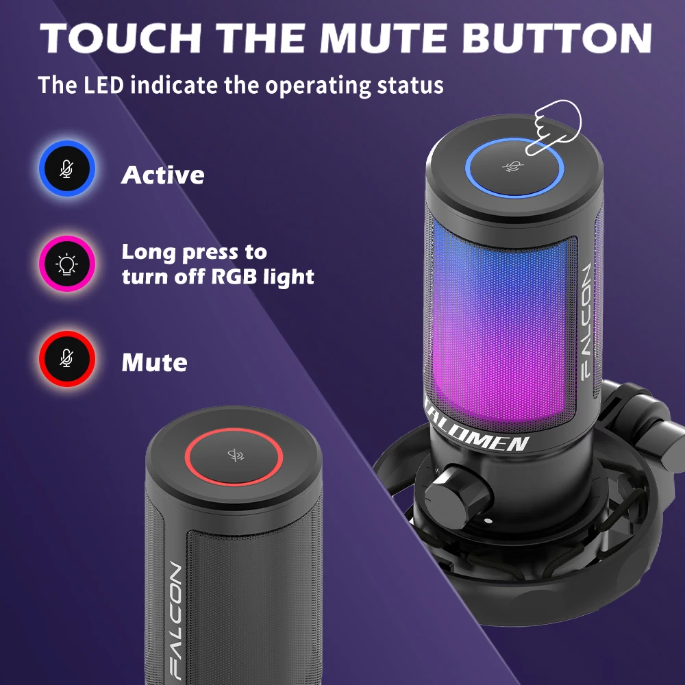 Microfono da gioco USB talomen per PC, PS4/PS5, microfono a condensatore RGB con muto rapido, controllo del guadagno, F8