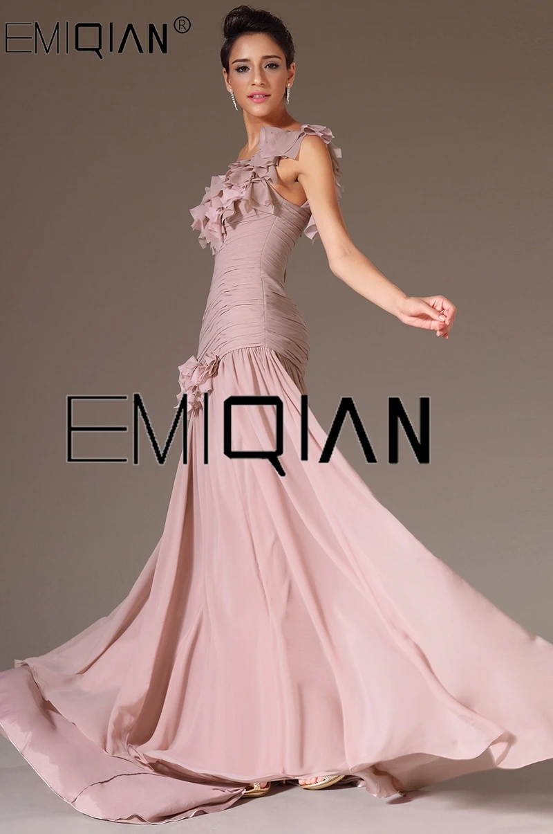 New Fashion One Shoulder with Flowers on Evening Gown Dusty Pink Chiffon Mermaid Evening Dresses