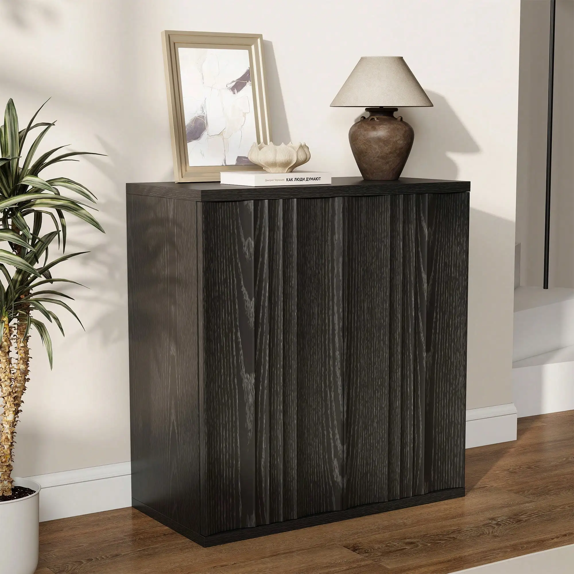 Buffet Cabinet With Storage For Living Room, Fluted Sideboard With Adjustable Shelves & Press-Spring Doors, Modern Cof