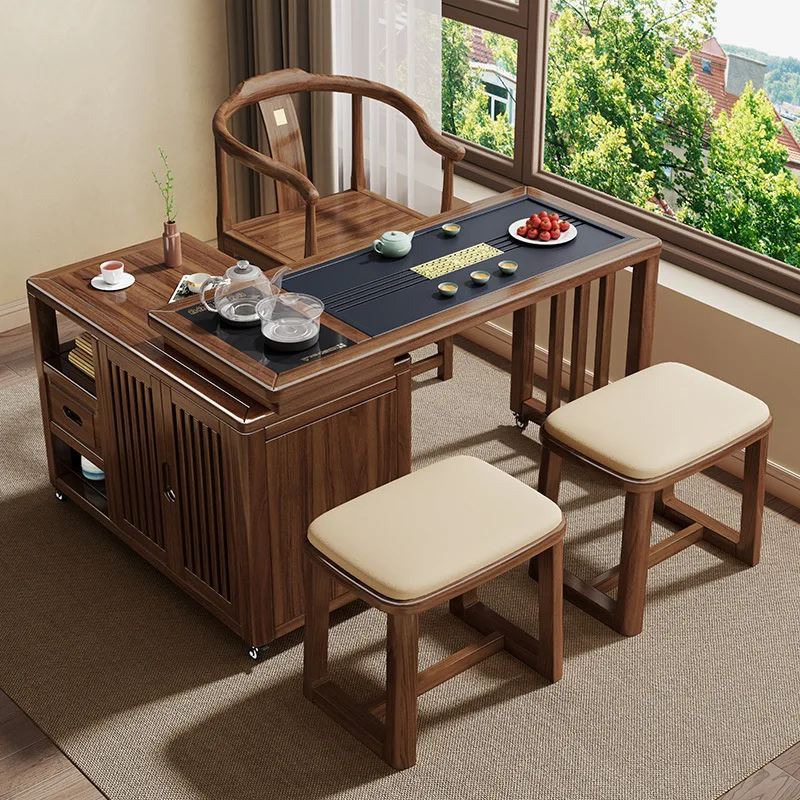 New Chinese black gold wood small apartment tea table and chair combination can be rotated in the living room, household balcony