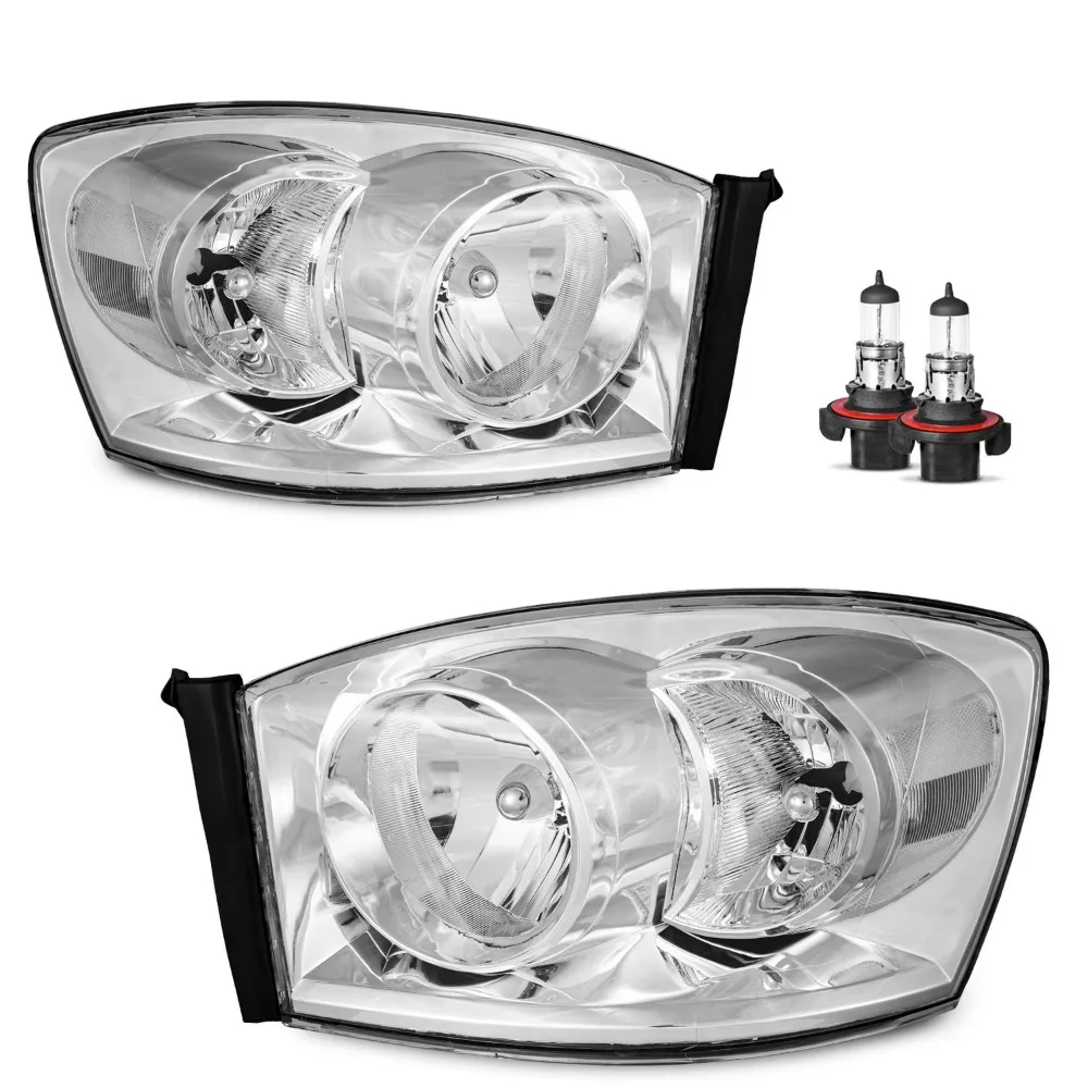 Headlights For 2006-2008 Dodge Ram 1500 2500 3500 Chrome Headlamps W/Bulbs Pair