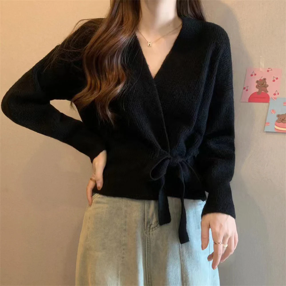 Solid Color Knitted Sweater Women 2024 New Spring Autumn Clothing Tops Lace Up Belt Office Lady Versatile Female Clothing