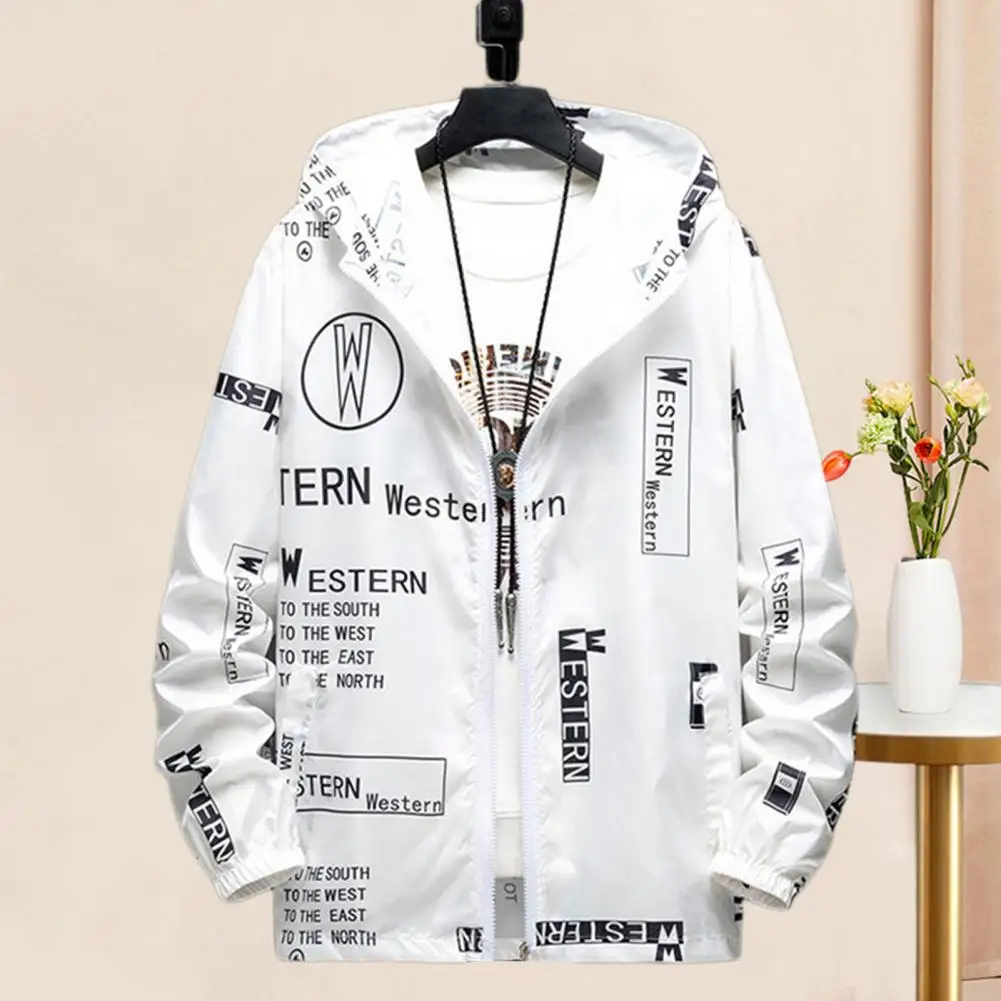 Men Sun Coat Hooded Long Sleeve Pocket Zipper Placket Jacket Letter Print Quick Drying Stylish Casual Fishing Outwear