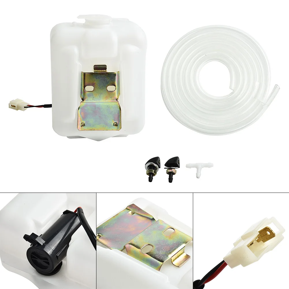 2Pin Car Plastic + Metal White Windshield Washer Reservoir Bottle Tank W/12V Pump Hose Jet Universal Accessories For Vehicles