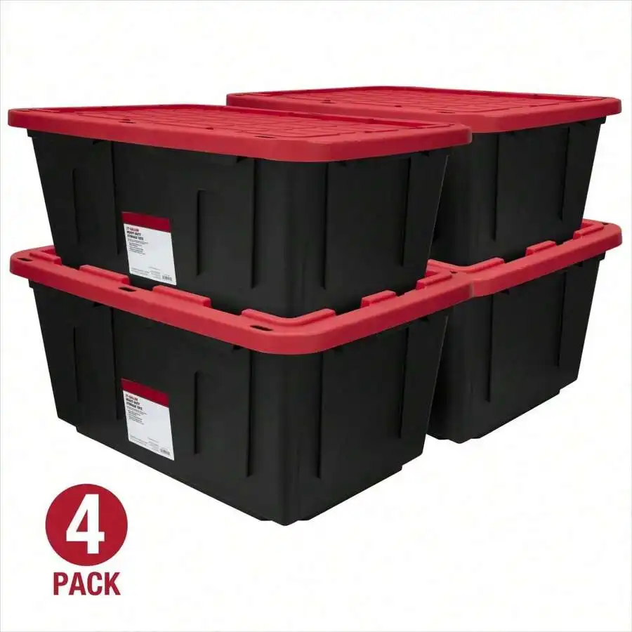 4-Pack 27-Gallon Heavy Duty Storage Bins - Black & Red Snap Lid Containers For Garage Industrial Organization