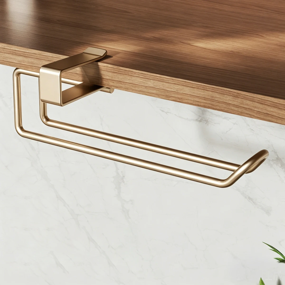 No Drill Champagne Gold Iron Paper Towel Holder Under Cabinet, Punch Free Kitchen Roll Paper Rack Wall Mount Storage Organizer