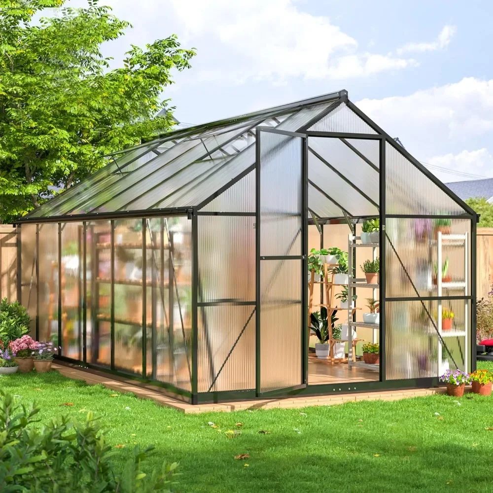 

8x12 FT Greenhouse for Outdoors, Quick Setup Polycarbonate Greenhouses with Roof Vent, Aluminum Large Walk-in Greenhouse