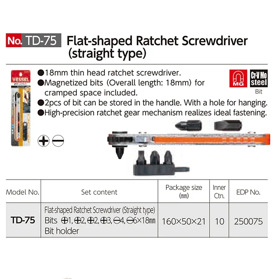 VESSEL hand tools Flat-shaped Ratchet Screwdriver Dismountable for Resolving Troublesome Screw Tightening Work TD-75 Electro - t