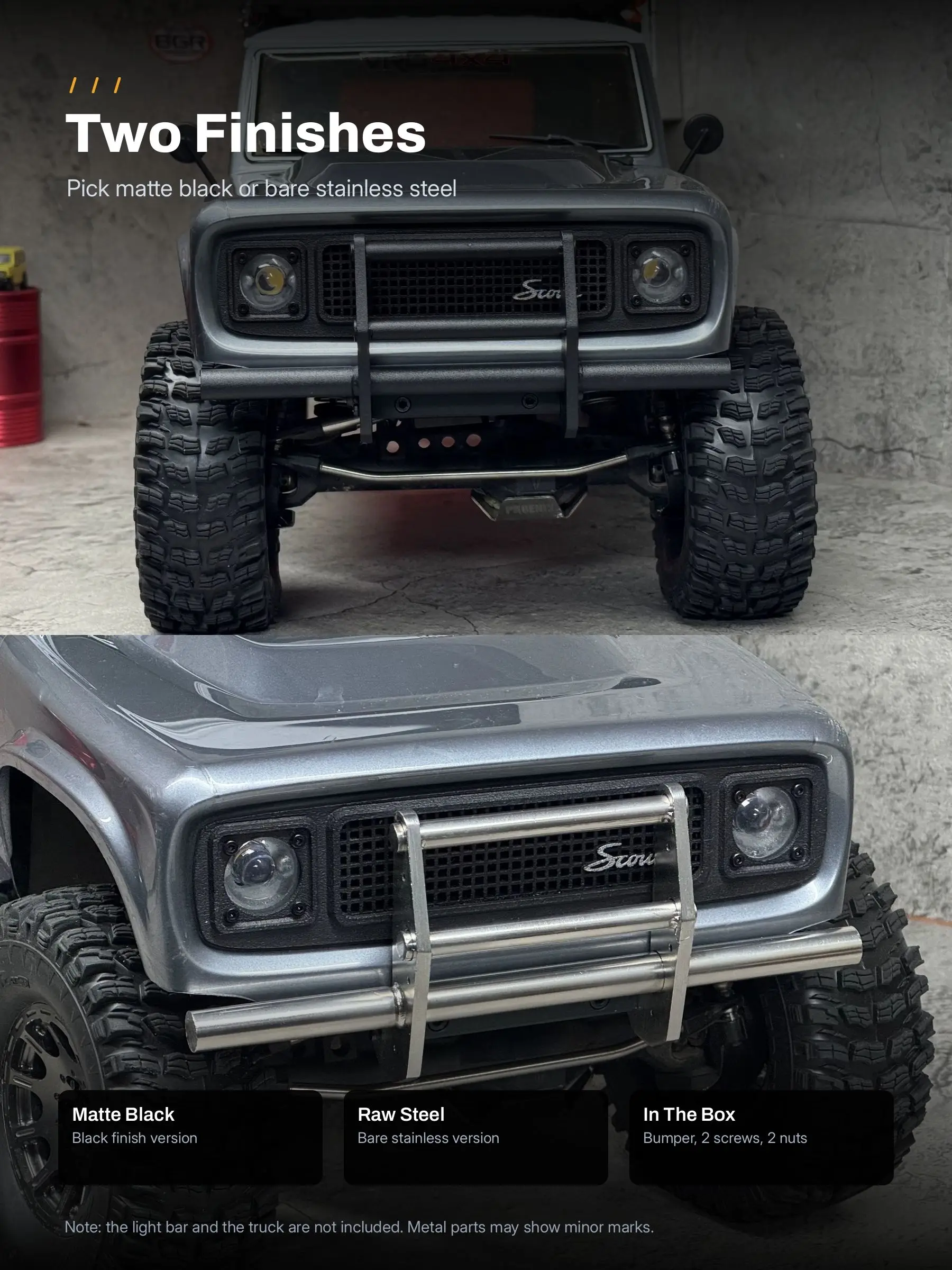 Retro Stainless Steel Front Bumper for Vanquish VS4-10 Origin Pro Ultra 1/10 RC Crawler, Laser Welded Bull Bar with LED Mounts