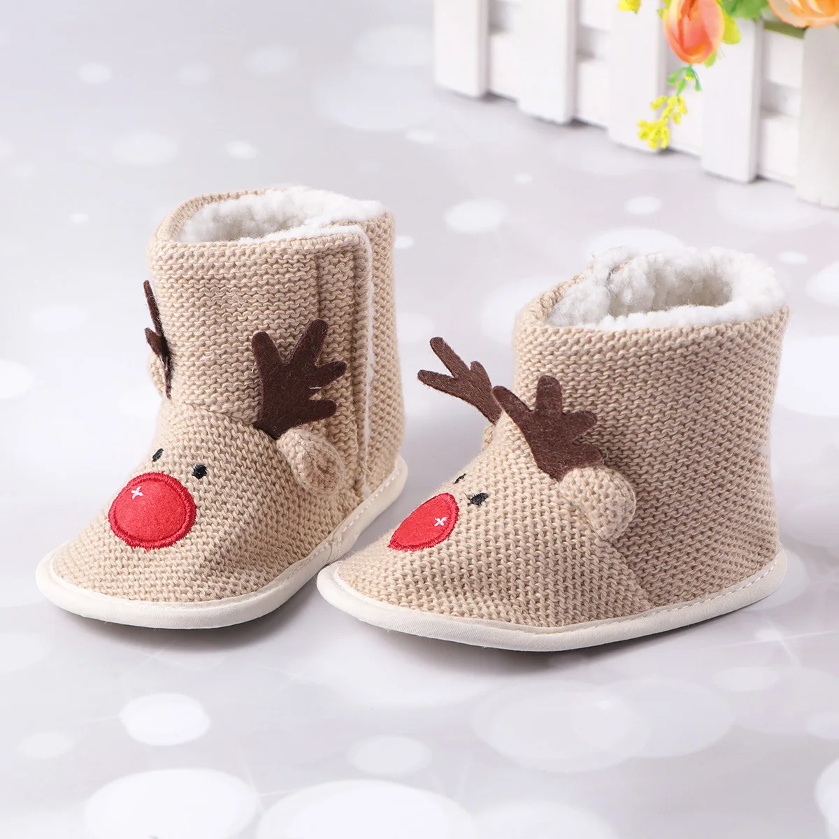 

Baby Elk Pattern Cotton Shoes Warm Winter Non-Slip Bottom Boots Size 1 Beige 13cm Infant Warm Sox Christmas Footwear