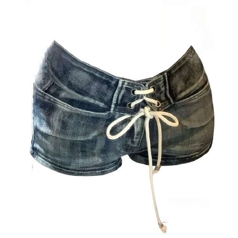 

Американские винтажные джинсовые шорты с низкой талией для женщин Y2k, летние облегающие джинсы со шнуровкой, новинка 2025 года, прямые широкие шорты