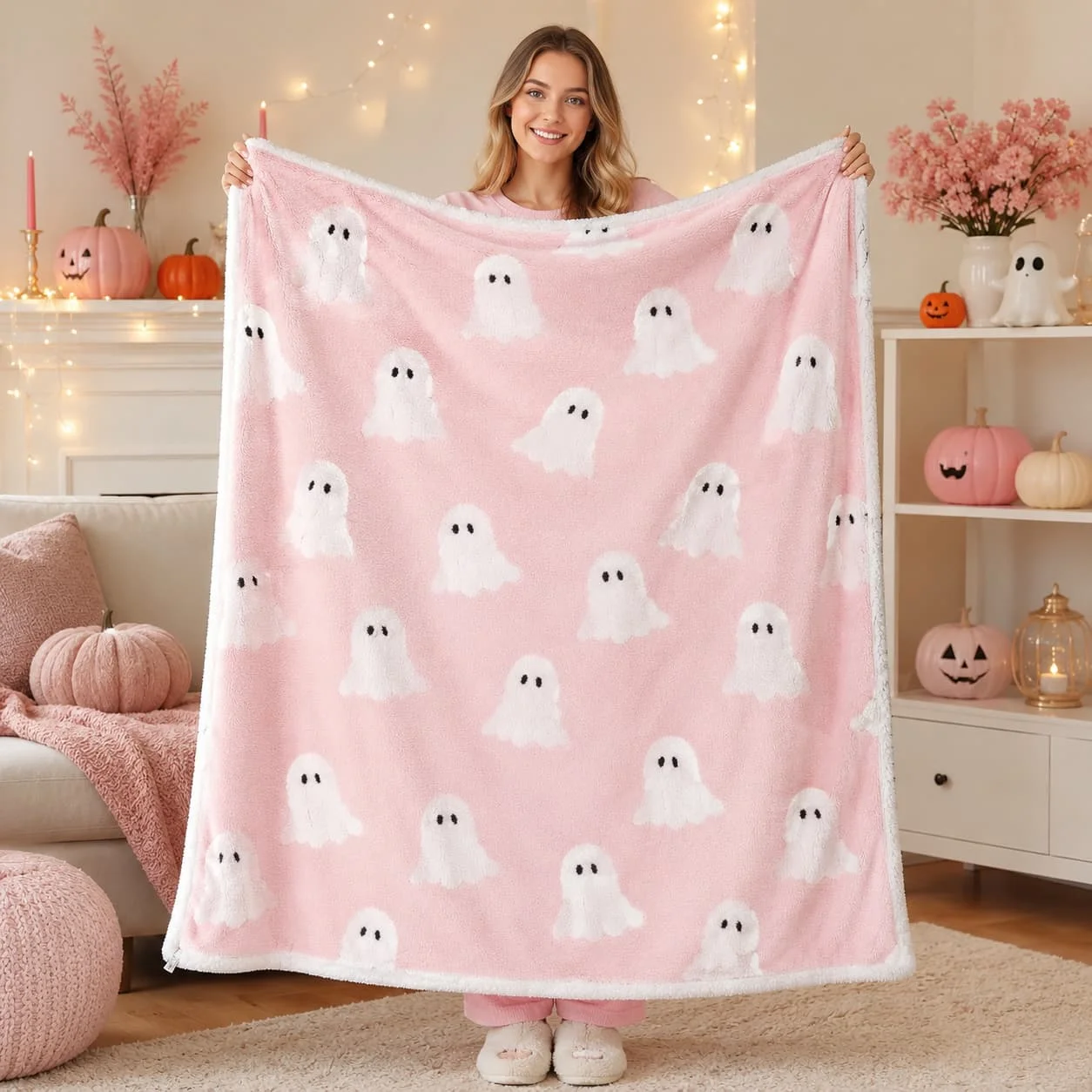 Smoofy Pink Ghost Fleece Halloween Throw Blanket