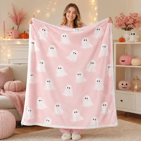 Smoofy Halloween Throw Blanket, Pink Ghost Fleece Halloween Blanket 50"x60"