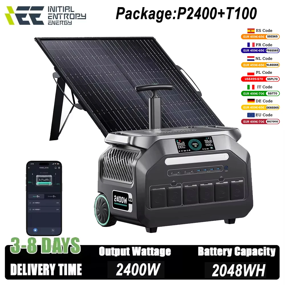IEE Tragbares Kraftwerk 2400 W 2048 Wh + Camping-Klapp-Solarpanel 100 W LiFePO4-Batterie Solargenerator Energie-Powerbank