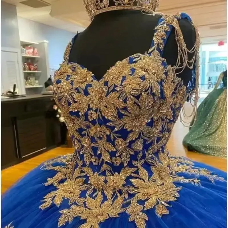 Customized  Royal Blue Quinceanera Dresses For 16 Girl Luxury Appliques Beads Ball Gowns Tull Princess Vestidos De 15 Años