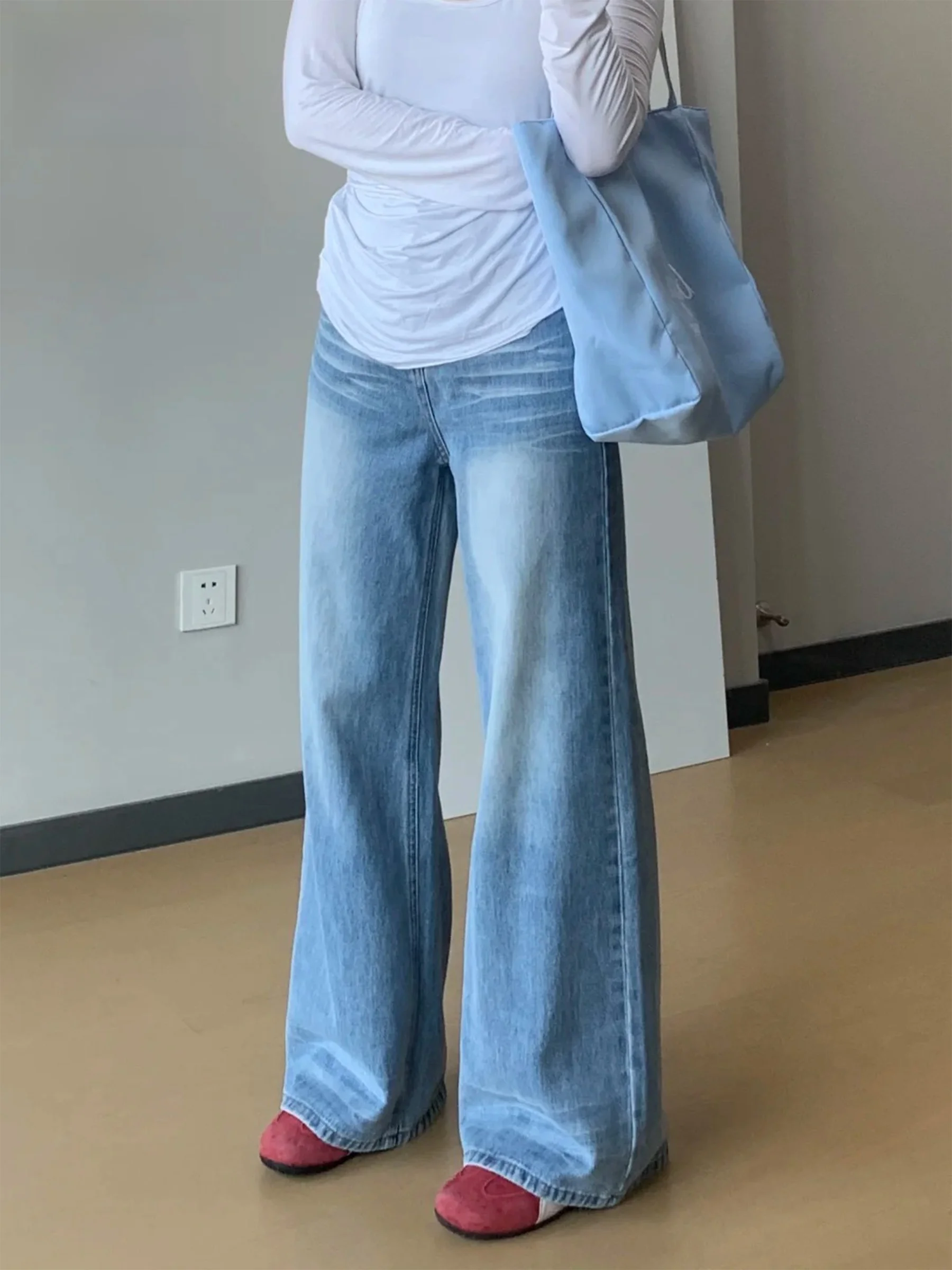 

High Waist Wide Leg Straight Cut Jeans Women's Light Blue Design Sensation Slimming Loose Fitting Floor Length Trousers