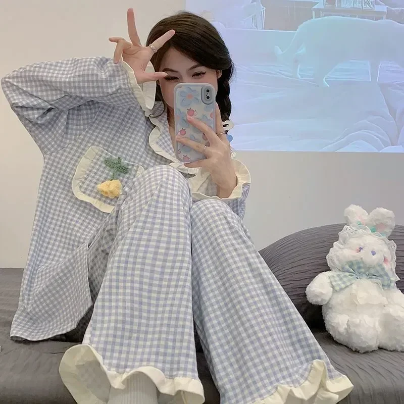 

New Wears Full Plaid Sleepwear Night Style Pajama Korean Autumn Pocket Long Sleeve Pieces Sets Pants Piiama Women 2 Ruffles