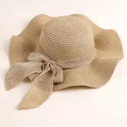 Foldable Beach Hat Fashion Wide Brim Bow Ribbons Travel Straw Hat Portable UV Protection Sun Visor Cap