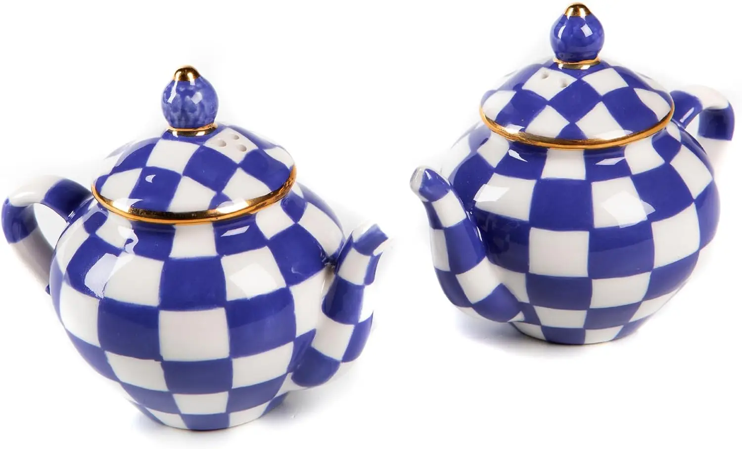 

Ceramic Teapot Salt and Pepper Shaker Set, Blue-and-White Royal Check Design for Kitchen