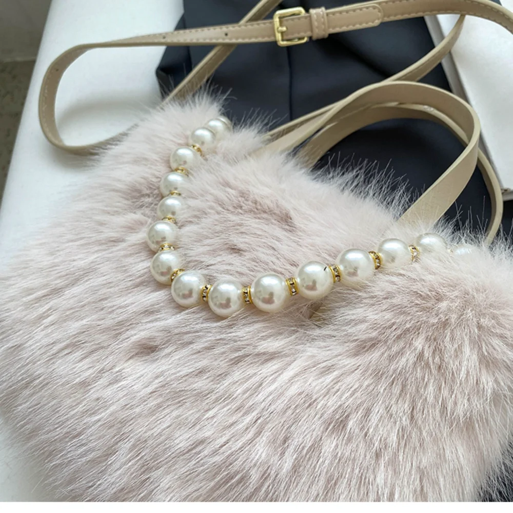 New Hairy Handbag Pearl Chain Plush Small Square Bag Women Fashion Elegant Shoulder Crossbody Bag Autumn Winter Versatile Totes