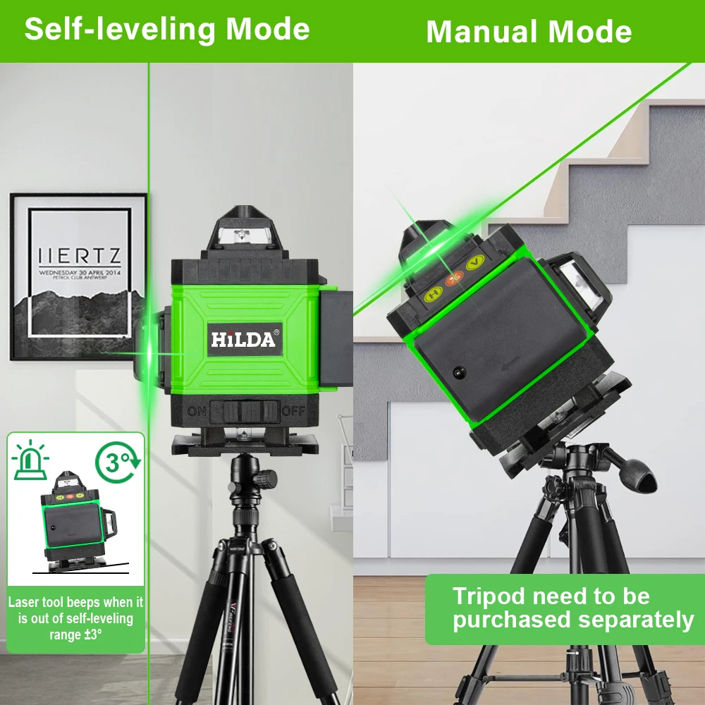 HILDA 16 Lines 4D Laser Level 360 Automatic Leveling Green Cross Line Vertical and Horizontal  Self Leveling  Ultra Strong Light