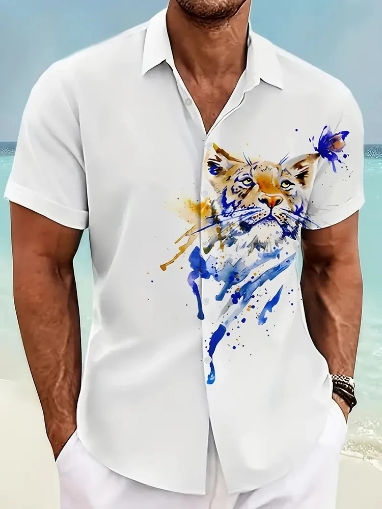 

2024 New Summer Seaside Resort Men's Casual Shirt Hawaiian Fashion Tiger Print Men's Short Sleeve Shirt Beach Party Men's Shirt