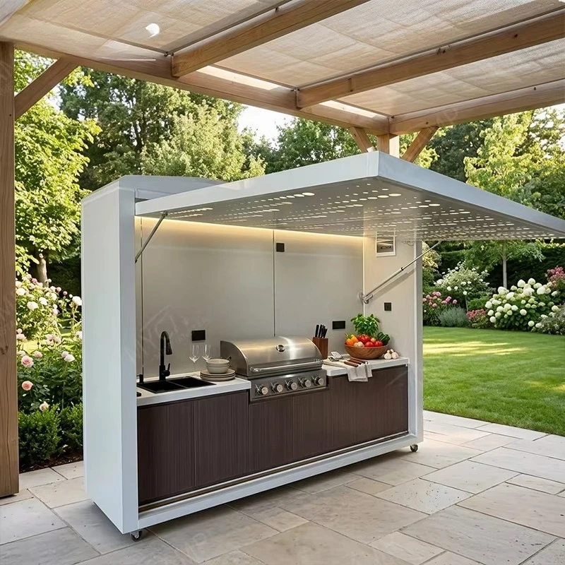 All-season Modular Modern Design SS304 Outdoor Kitchen with Shelter Rustproof BBQ Island with Shed Courtyard