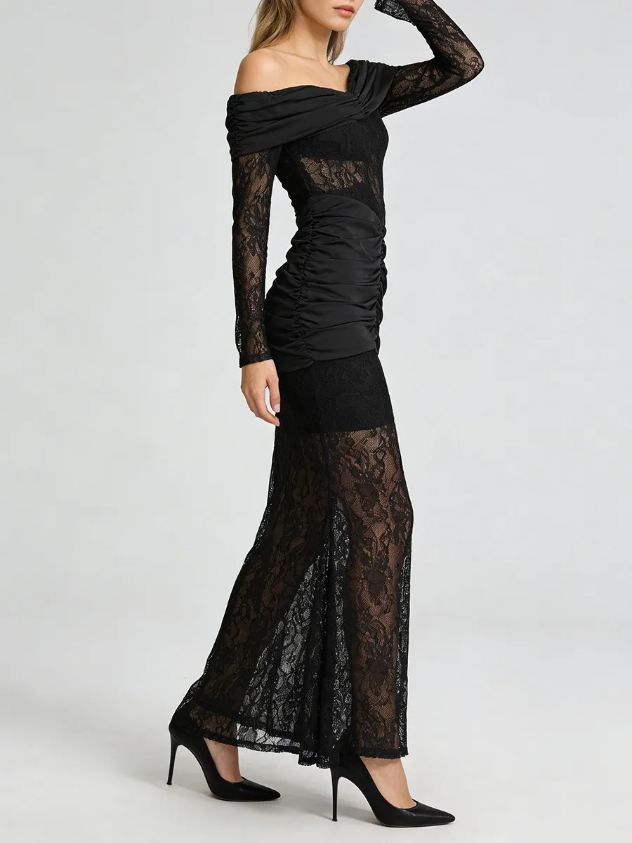 เดรสลูกไม้ซีทรูทรงเข้ารูปเซ็กซี่ TWOTWINSTYLE สำหรับผู้หญิง คอวี แขนยาว แต่งผ้าต่อกัน จับจีบ แฟชั่นใหม่