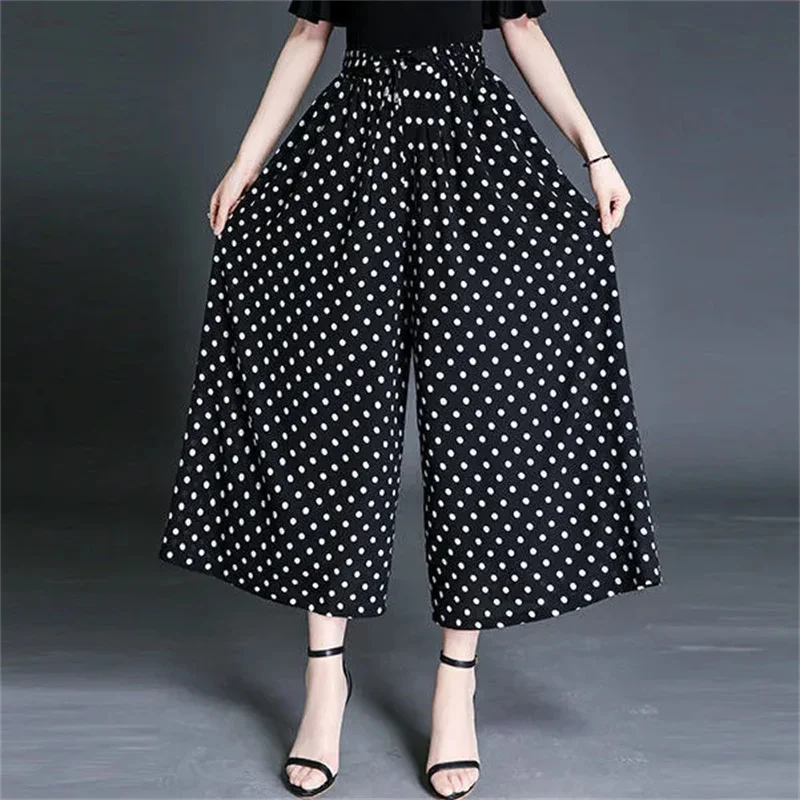 

Fashion High Waist Polka-Dot Wide-Leg Pants Women Children Loose Plus Size 4XL Summer New Chiffon Casual Nine-Point Pantskirt