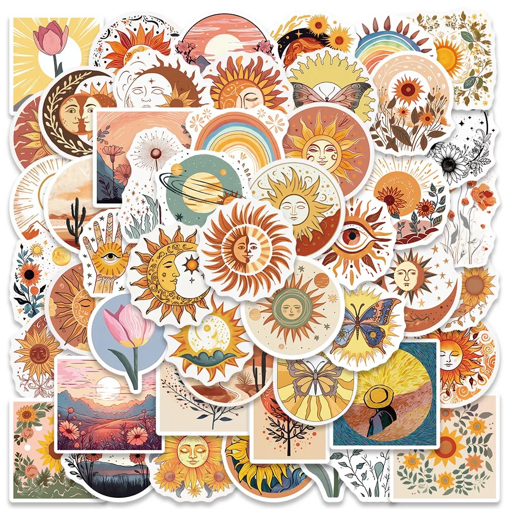 50/100PCS Art Bohemia Moon Sun Flower Sticker Aesthetic Retro Boho Cartoon Waterproof Decal Computer Scrapbooking Bottle Sticker