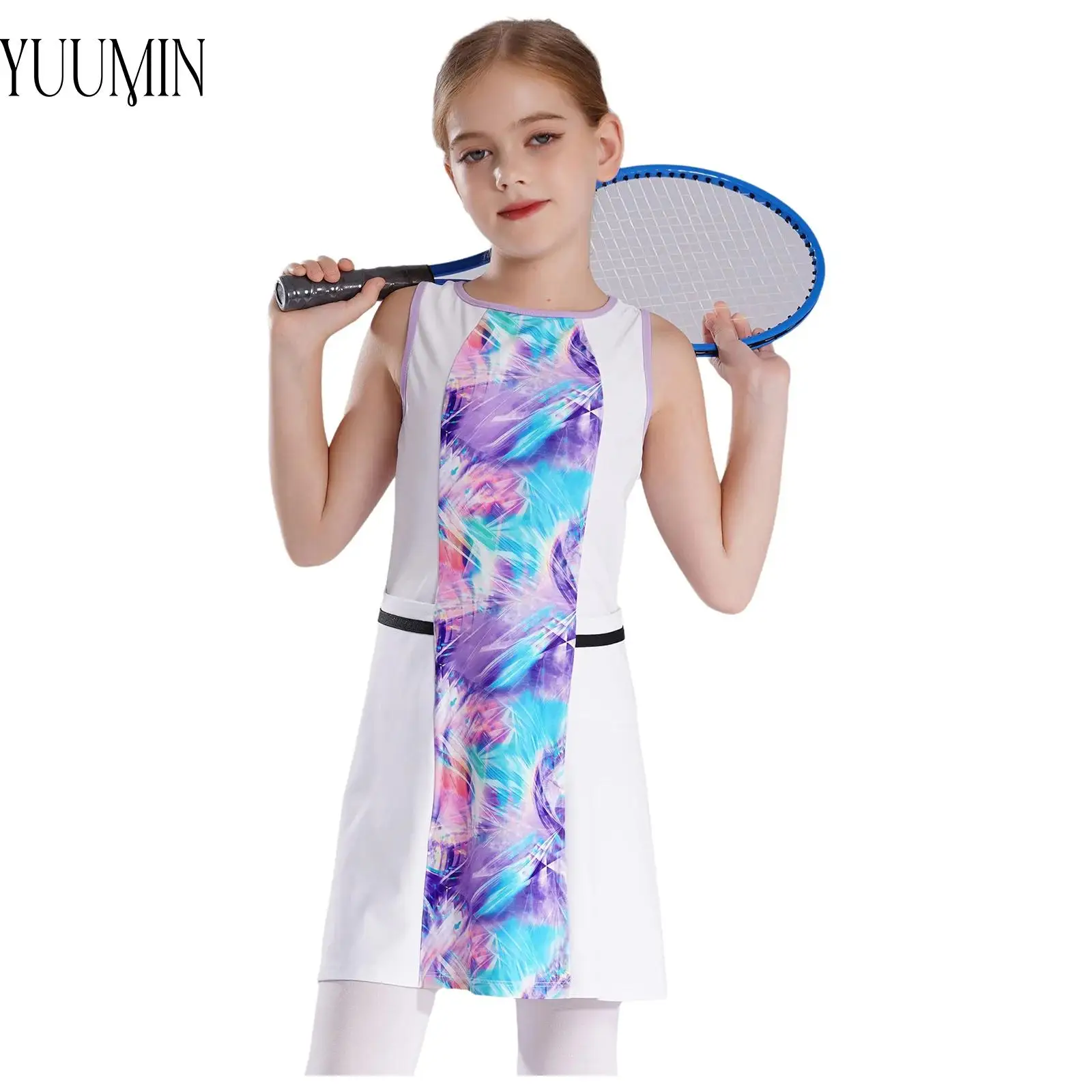 

Girls Breathable Tennis Dress One Piece Sports Sleeveless Tank Dress Stylish Printed Sundress with Pockets for Training Workout