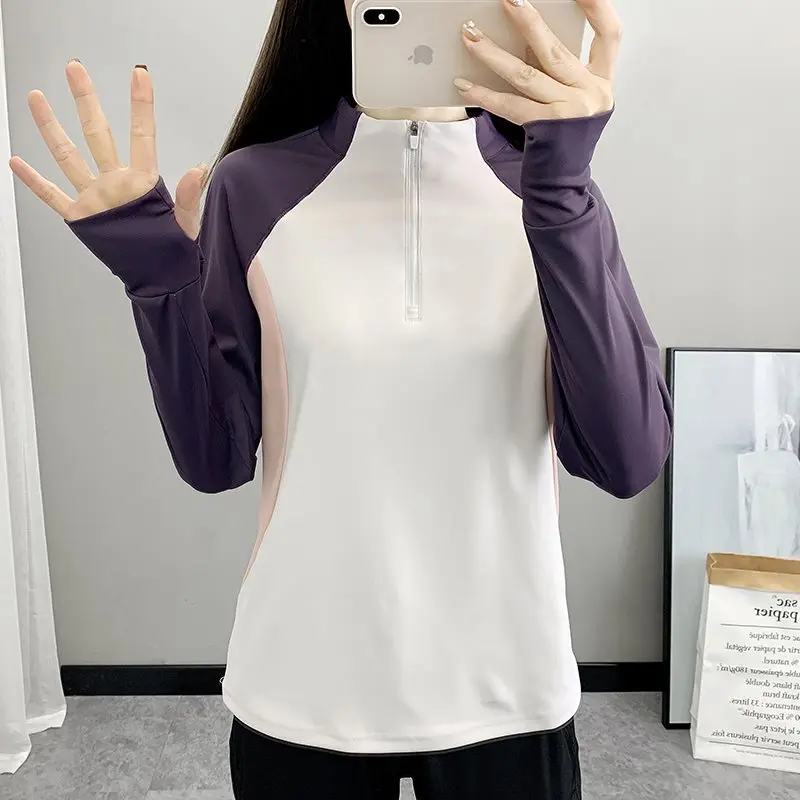 

Women's Thin Long Sleeve Quick Dry Shirt Breathable Elastic Running Outdoor Mountain Climbing Hiking Stand Collar Top Korean ...