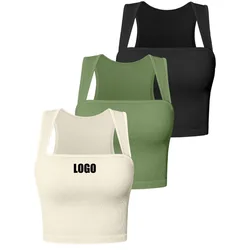 Custom LOGO Women's Summer Slim-fit Vest Suspender Sleeveless Square Neck Elastic T-Shirt Exposed Button Suspender Vest